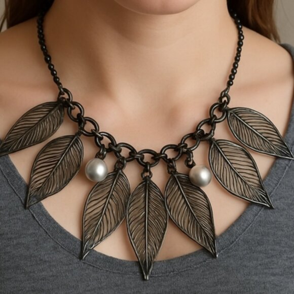 None Jewelry - Bib Dangle Leaves Faux Pearls Necklace 22 Inches And Gun Metal Studs  Adjustable